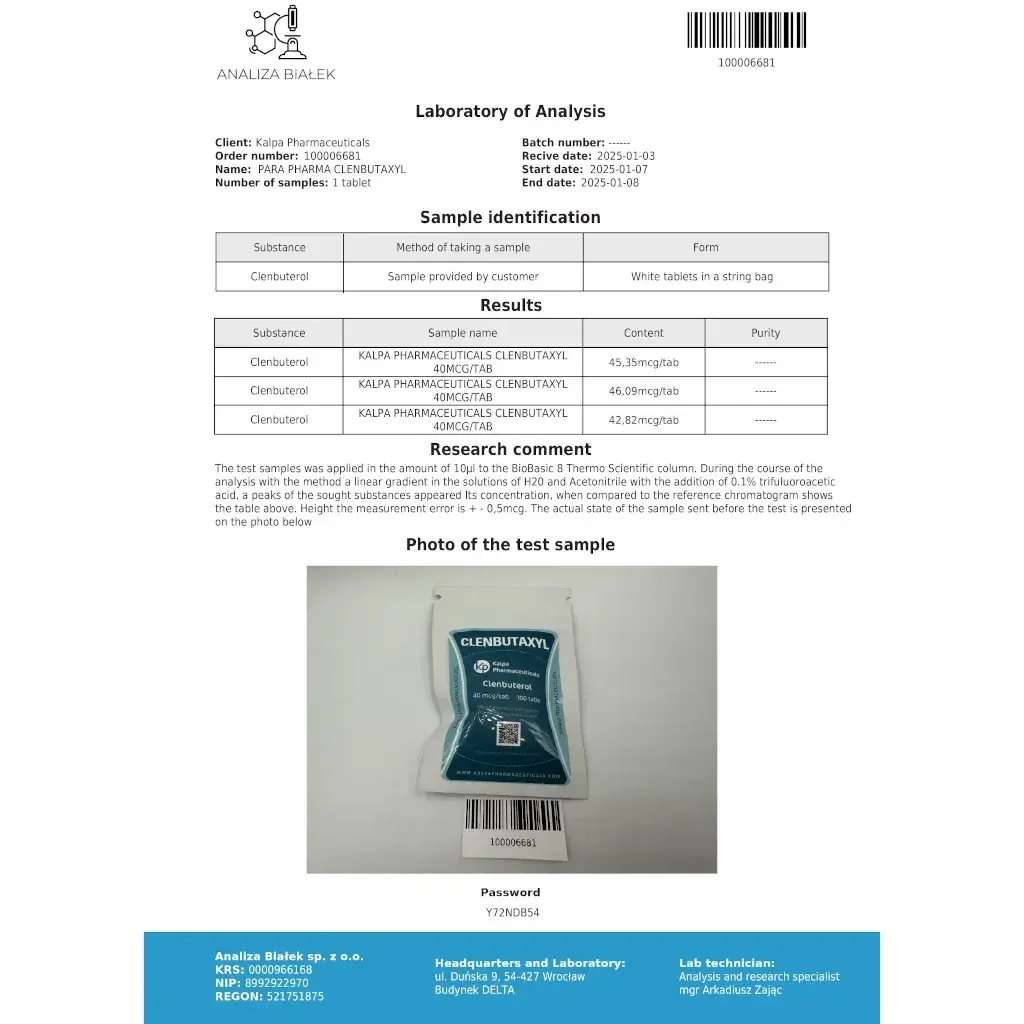 Clenbutaxyl laboratory report dated January 8, 2025