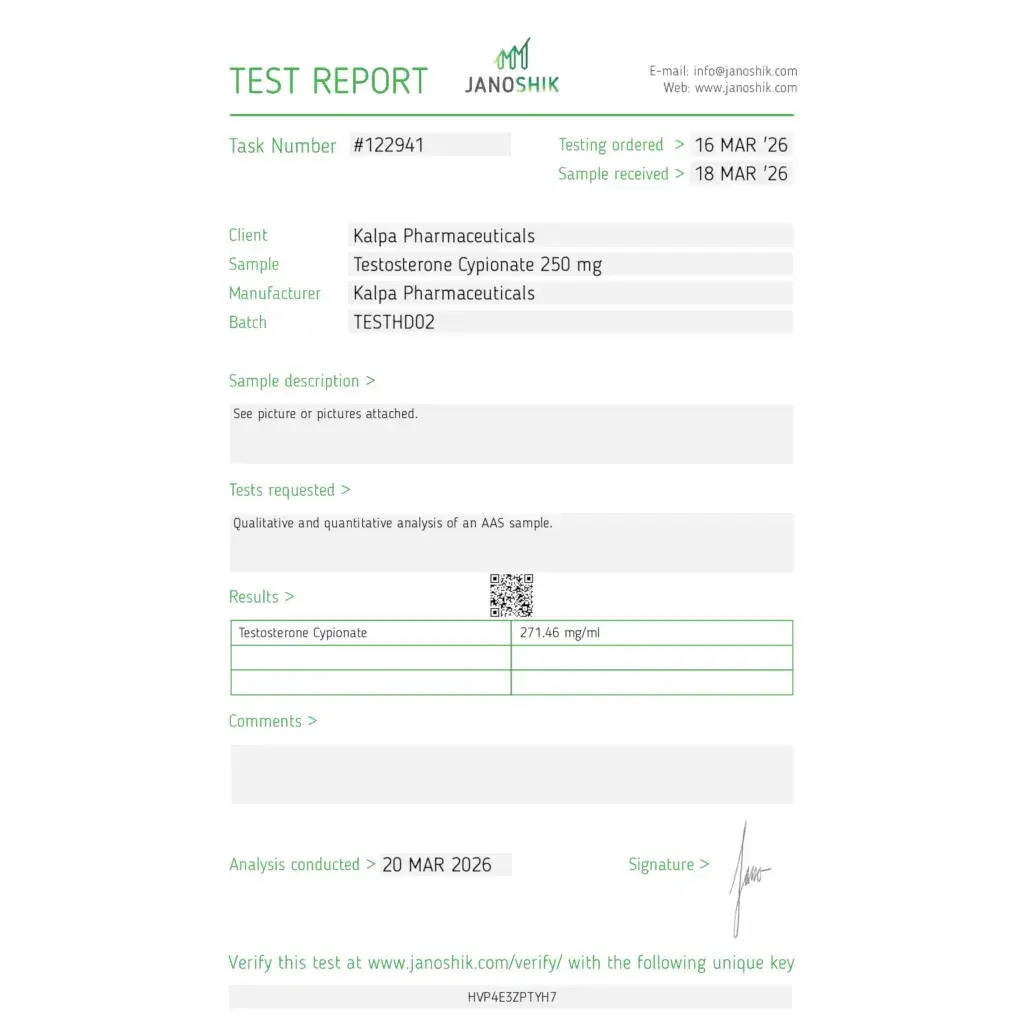 Testoxyl Cypionate laboratory report dated March 20, 2026