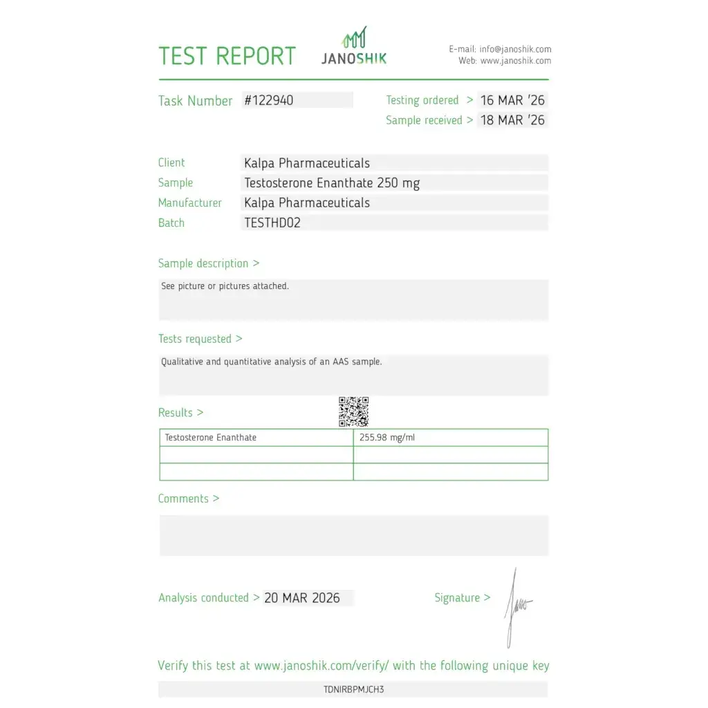 Testoxyl Enanthate laboratory report dated March 20, 2026